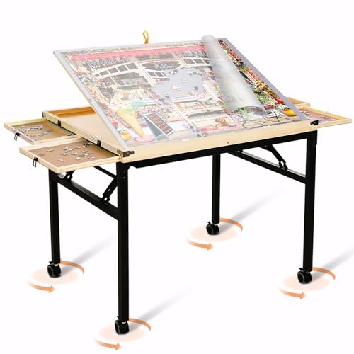 2024 Puzzletisch mit klappbaren Metallbeinen und Schubladen, 1500 Teile Puzzletisch mit Abdeckung, 3-Neigungswinkel, tragbares Holz-Puzzlebrett, leicht zu bewegen, Ostergeschenke für Frauen von JoyPcsTable