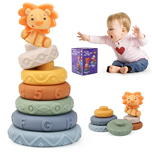 JoyPlus 7 Stück Stapelspielzeug mit Ringen, Stapelturm für Stapelspiel, Squeeze Zahnen Babyspielzeug, Früherziehung Spielzeug Geschenke für 6 12 18 Monate Baby Kleinkind Jungen Mädchen von JoyPlus