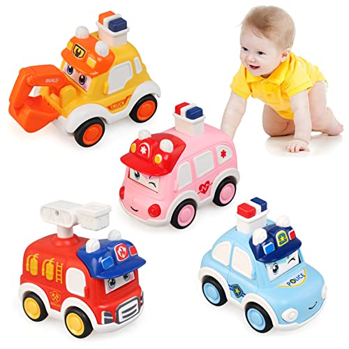 JoyPlus Aufziehauto ab 2 Jahre, 4 Stück Spielzeugauto Set Baby Auto Spielzeug Fahrzeuge Reibung Zurückziehen Spielzeugautos Autos Geschenke ab 1+ Jahre(Polizeiauto/Krankenwagen/Feuerwehrauto/LKW) von JoyPlus