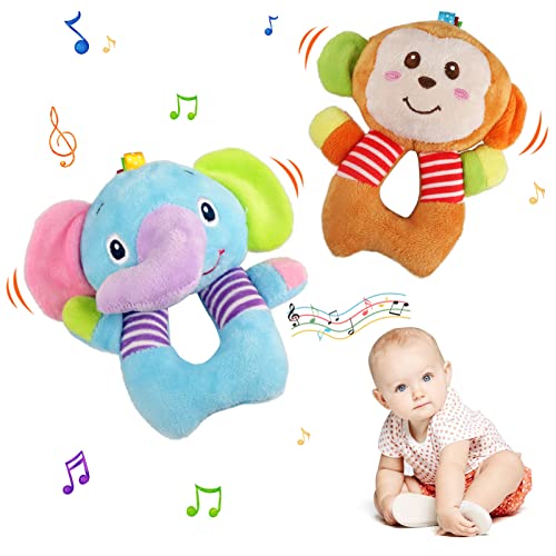 JoyPlus Greifling zum Rasseln, 2 Stück Baby Rasseln Spielzeug, Cartoon Tier Rassel mit Klingel Glocke, Baby Sensorik Spielzeug, Neugeborenes Rasselgeschenk für Jungen Mädchen (Elefant, Affe) von JoyPlus