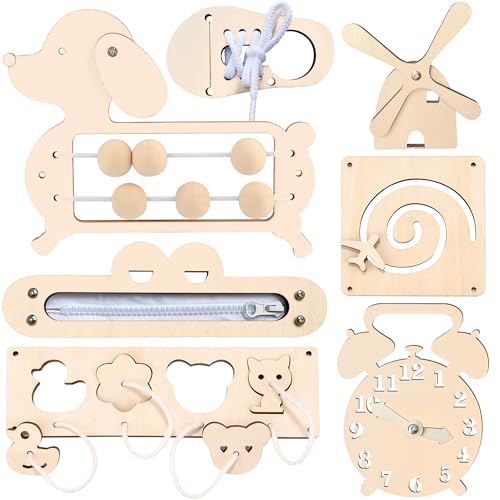 Joycabin 7 Stück Hölzernes Busy Board, Montessori Busy Board DIY Zubehör Beschäftigungsbrett, Holz Fähigkeiten Activity Board Lernspielzeug für Kinder Im Vorschulalter 1-6 Jungen Mädchen von Joycabin