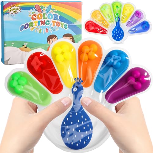 Joycabin Farbsortierspiel, Squeezable Farben Sortieren Spielzeug, Fidget Toys, Pfau Anti Stress Sensorik Spielzeug Montessori Spielzeug für ADHS und Autismus zum Zählen Sortieren Farben Lernen von Joycabin