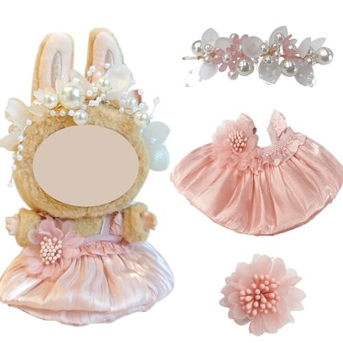 Joycabin Stylische Puppenkleidung für 17cm/15cm Plüschpuppe, Rosa Knospenrock + Rosa Perlenhaarschmuck Miniatur Zubehör Set, Puppenzubehör Geschenke (Puppe Nicht enthalten) von Joycabin