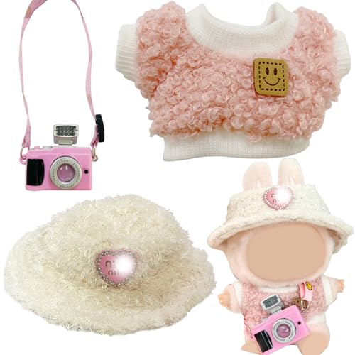 Joycabin Stylische Puppenkleidung für 17cm Plüschpuppe,Pullover + Mütze + Rosa Kamera Ornament, Miniatur Zubehör Set, Puppendekorationszubehör, Puppenzubehör Geschenke (Puppe Nicht Enthalten) von Joycabin