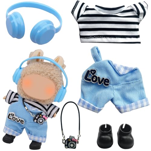 Joycabin Stylische Puppenkleidung für 17cm Plüschpuppe,T-Shirt ,Overall,Blau Kopfhörer,Kamera,Schuhe,Miniatur Kleidung Zubehör Set, Puppenkleidung,Puppenzubehör Geschenke (Puppe Nicht Enthalten) von Joycabin