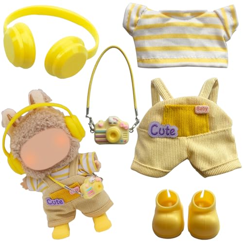Joycabin Stylische Puppenkleidung für 17cm Plüschpuppe,T-Shirt ,Overall,Kopfhörer,Kamera,Gelb Schuhe,Miniatur Kleidung Zubehör Set, Puppenkleidung,Puppenzubehör Geschenke (Puppe Nicht Enthalten) von Joycabin