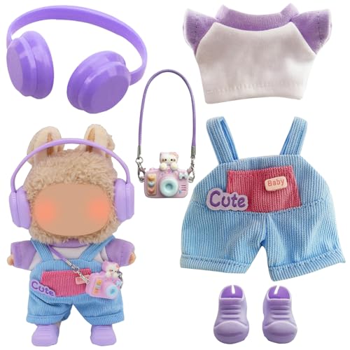Joycabin Stylische Puppenkleidung für 17cm Plüschpuppe,T-Shirt ,Overall,Kopfhörer,Kamera,Lila Schuhe,Miniatur Kleidung Zubehör Set, Puppenkleidung,Puppenzubehör Geschenke (Puppe Nicht Enthalten) von Joycabin