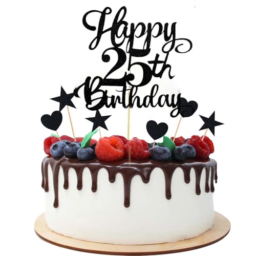 Joyeah Glitzer-Kuchenaufsatz "Happy 25th Birthday", Aufschrift "Cheers to 25 Years Old 25 Fabulous for Celebrating 25th Birthday Anniversary", Party-Kuchendekorationen, Zubehör, Schwarz von Joyeah