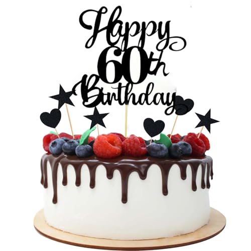Joyeah Glitzer-Kuchenaufsatz "Happy 60th Birthday", Aufschrift "Cheers to 60 Years Old 60 Fabulous for Celebrating 60th Birthday Anniversary", Party-Kuchendekorationen, Zubehör, Schwarz von Joyeah