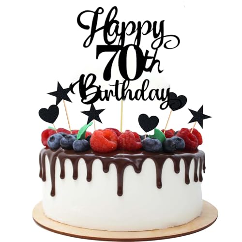 Joyeah Glitzer-Kuchenaufsatz "Happy 70th Birthday", Aufschrift "Cheers to 70 Years Old 70 Fabulous for Celebrating 70th Birthday Anniversary", Party-Kuchendekorationen, Zubehör, Schwarz von Joyeah