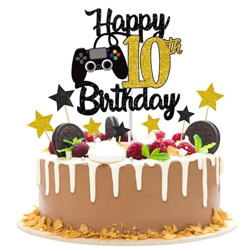 Joyeah Tortenaufsatz "Happy 10th Birthday", Glitzer, Videospiel, Kuchenpicker, Spiel auf Prost bis 10 Jahre, Kuchendekoration für Spielthema, Happy 10th Birthday, Partyzubehör, Gold von Joyeah