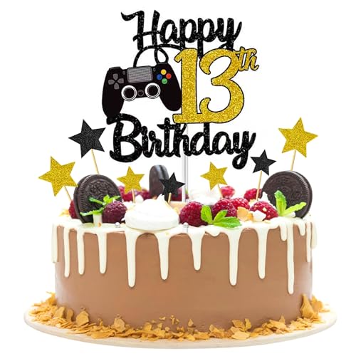 Joyeah Tortenaufsatz "Happy 13th Birthday", Glitzer, Videospiel, Kuchenpicker, Spiel auf Cheers to 13 Jahre, Kuchendekoration für Spielthema, Happy 13th Birthday, Partyzubehör, Gold von Joyeah