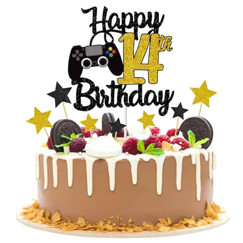 Joyeah Tortenaufsatz "Happy 14th Birthday", Glitzer, Videospiel, Kuchenpicker, Spiel auf Prost bis 14 Jahre, Kuchendekoration für Spielthema, Happy 14th Birthday, Partyzubehör, Gold von Joyeah