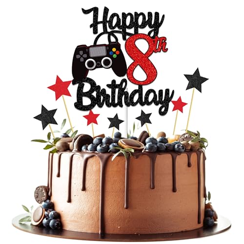 Joyeah Tortenaufsatz "Happy 8th Birthday", Glitzer, Videospiel, Kuchenpick, Spiel auf Prost bis 8 Jahre, Kuchendekoration für Spielthema, Happy 8th Birthday, Partyzubehör, Rot von Joyeah