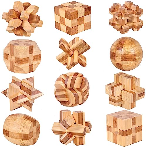 Joyeee 12 Stück Denksportaufgaben Cube 3D Puzzle, Holzspielzeug IQ Test Mind Game Denkaufgabe Zaubertrick Geduldspiel, Logisches Spielzeug Denksportaufgaben Kinder Geschenk Set von Joyeee