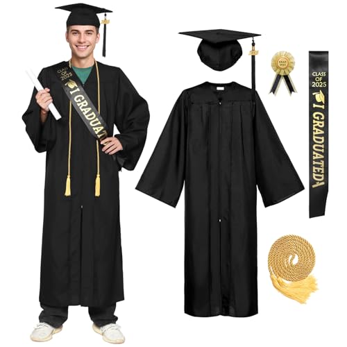 Joyesplay Abschluss Talar mit Doktorhut und Quaste 2025,6 Stück Abschlusskleid Schwarz mit Bachelor Hut Quasten 2025 für Bachelor Master Doktor (Schwarz, 51) von Joyesplay