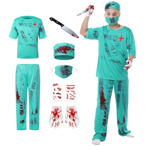 Joyesplay Blutiges Chirurgenkostüm, 7-teiliges Set, Chirurg, Blau, Paare, Halloween, Erwachsene, Peeling, blutiger Spritzer, Horror, Halloween für Herren von Joyesplay