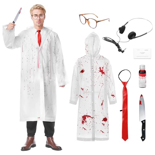 Joyesplay Erwachsenen-Psycho-Kostüm, inklusive Regenmantel, Axt oder Messer, Brille, rote Krawatte, Visitenkarte und Kunstblut-Psycho-Halloween-Kostüme für Herren Joyesplay Erwachsenen-Psycho-Kostüm, inklusive Regenmantel, Axt oder Messer, Brille, rote Krawatte, Visitenkarte und Kunstblut-Psycho-Halloween-Kostüme für Herren von Joyesplay