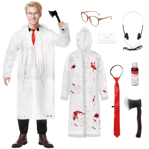 Joyesplay Erwachsenen-Psycho-Kostüm, inklusive Regenmantel, Axt oder Messer, Brille, rote Krawatte, Visitenkarte und Kunstblut-Psycho-Halloween-Kostüme für Herren Joyesplay Erwachsenen-Psycho-Kostüm, inklusive Regenmantel, Axt oder Messer, Brille, rote Krawatte, Visitenkarte und Kunstblut-Psycho-Halloween-Kostüme für Herren von Joyesplay