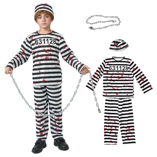 Joyesplay Gefangenenkostüm für Kinder, Zombie-Outfit, Halloween-Kostüm, 6-teilig, für Jungen mit gestreiftem Anzug, Zylinder, Ketten, Aufklebern, Verkleidung (140) von Joyesplay