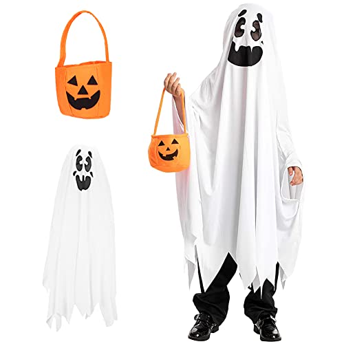 Joyesplay Gespenst Kostüm Kinder Halloween Kostüm Geister Weiß Umhang mit Kürbis Eimer,Kostüm Gespenst Kinder für Süßes oder Saures von Joyesplay