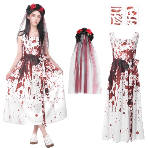 Joyesplay Halloween-Kostüm, Geisterbräute, mit Rosenschleier mit Blut – selbstklebend, weißes Hochzeitskleid mit Blut – perfekt für Halloween oder jede Kostümparty (XL) von Joyesplay