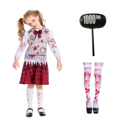 Joyesplay Halloween Kostüm Zombie Mädchen, Kinder Cheerleader Kostüm mit Meteorhammer, Karnevals Rollenspiel, Horror Vampir Kostüm für Kinder von 5–12 Alter (S) von Joyesplay