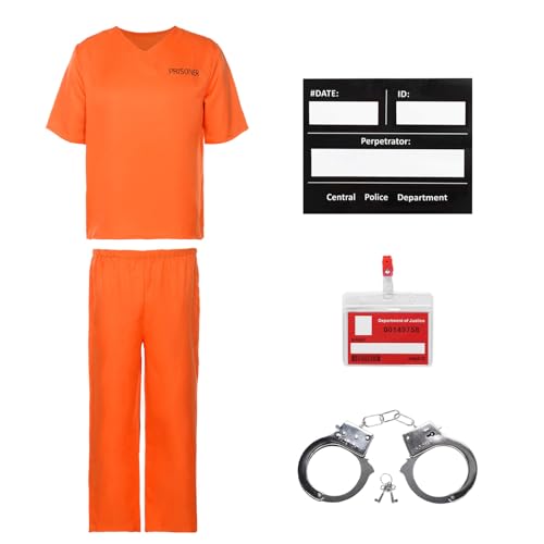 Joyesplay Halloween-Kostüm für Herren, Kinder, Erwachsene, 7-teiliges Outfit, orangefarbenes Gefangenen-Top, passende Hose, Sträflingskostüm, Halloween-Kostüm Joyesplay Halloween-Kostüm für Herren, Kinder, Erwachsene, 7-teiliges Outfit, orangefarbenes Gefangenen-Top, passende Hose, Sträflingskostüm, Halloween-Kostüm von Joyesplay