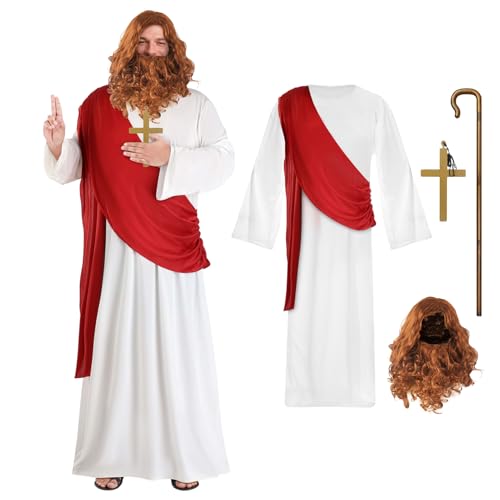 Joyesplay Jesus-Halloween-Kostüm für Erwachsene, Herren, Jesus-Kostüm, Jesus-Kostüm, Rot und Weiß, Christus mit Schärpe, Jesus-Perücke und Bart, Jesus-Kostüm, Weihnachten, Halloween-Kostüme für Herren von Joyesplay