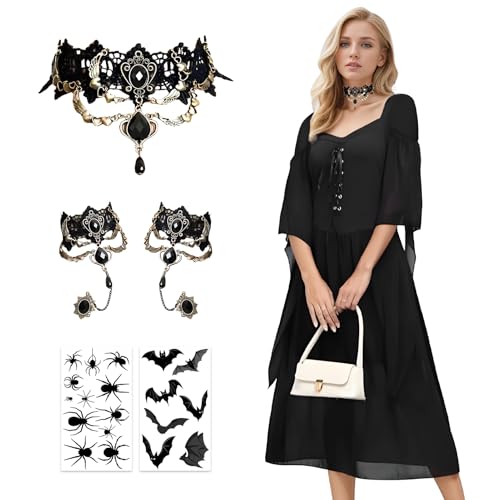 Joyesplay Mittelalterliches Gothic-Kleid für Damen, Kleid Mittelalter Renaissance, Kleid mit Halsketten, Armbändern und Aufklebern, Halloween Karneval (Schwarz 2, M) von Joyesplay