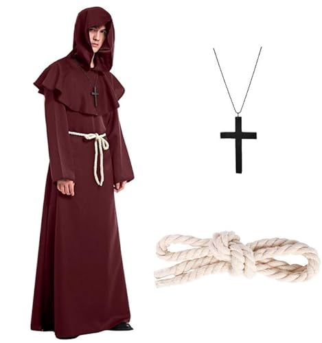 Joyesplay Priester Kostüm Herren Cosplay,Hooded Mönch Kostüm mit Ornament Taillenseil Kreuzkette halloween kostüm herren Joyesplay Priester Kostüm Herren Cosplay,Hooded Mönch Kostüm mit Ornament Taillenseil Kreuzkette halloween kostüm herren von Joyesplay