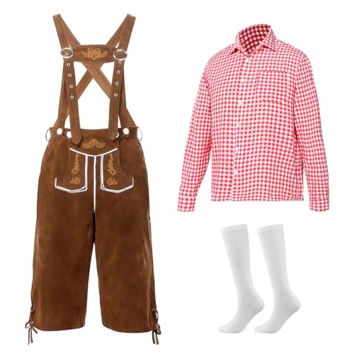 Joyesplay Set aus Hemd und Latzhose, kariert, für Halloween und Oktoberfest (Rot + Braun, M) von Joyesplay