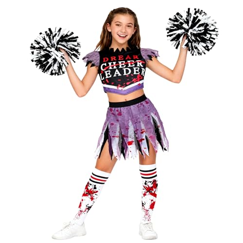 Joyesplay Vampir-Zombie-Cheerleader-Kostüm für Kinder, 6-teilig, Halloween-Schulmädchen-Rock, Halloween-Kostüm für Mädchen, Vampirsocken, Handblumen-Aufkleber, Kunstblut-Gel (PURPLR, 110) von Joyesplay