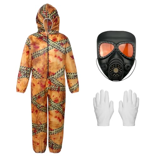 Joyesplay Zombie-Kostüm für Kinder, Halloween-Kostüm, Jungen, Zombie-Kostüm mit gelbem Gefahrgutanzug und Maskenhandschuhen, Halloween-Kostüm für Kinder von Joyesplay