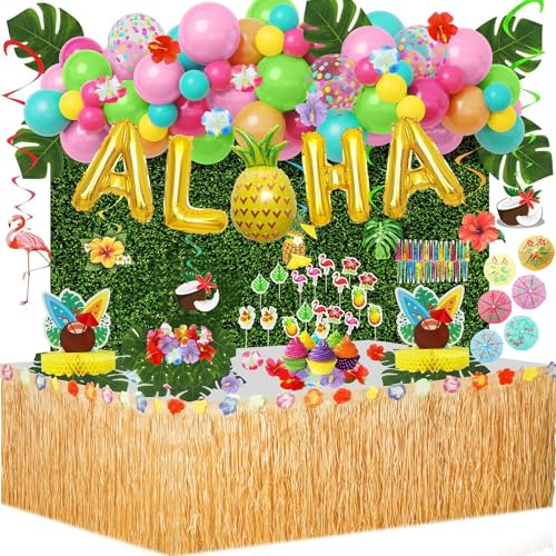 Hawaii Tropische Luau Party Deko 151Pcs Tropischer Sommer Strand Geburtstags Gras Tischrock Hängende Wirbel Luftballon Girlande Honigwaben Mittelstück Hibiskus Palmenblätter CakeTopper Hawaii Tropische Luau Party Deko 151Pcs Tropischer Sommer Strand Geburtstags Gras Tischrock Hängende Wirbel Luftballon Girlande Honigwaben Mittelstück Hibiskus Palmenblätter CakeTopper von JoyeuVie