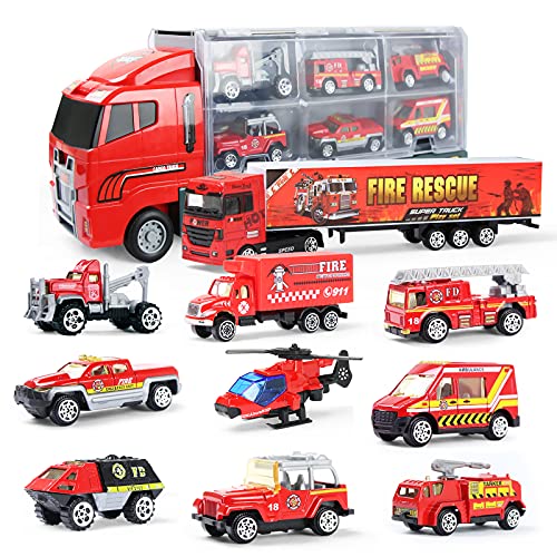 Joyfia 10 in 1 Die-cast Feuerwehrauto LKW, Mini Einsatzfahrzeug Fahrzeuge LKW Autotransporter Spielzeug Set in Carrier Auto Spielzeug für 3+ Jahre alt Kinder Jungen Mädchen von Joyfia