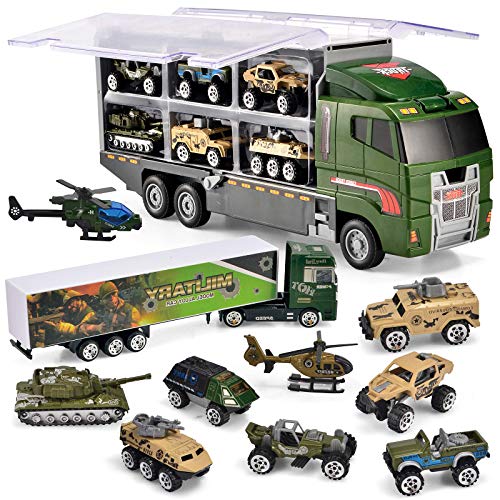 Joyfia 10 in 1 Die-cast Militärische Fahrzeuge LKW, Mini Armee Fahrzeuge LKW Autotransporter Spielzeug Set in Carrier Auto Spielzeug für 3+ Jahre alt Kinder Jungen Mädchen von Joyfia