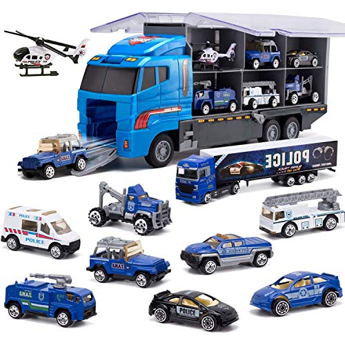 Joyfia 10 in 1 Polizei Spielzeug Fahrzeuge, Die-cast Patrouille Rettung LKW, Mini Polizei LKW Transporter Spielzeug Set in Carrier Auto Spielzeug für 3+ Jahre alt Kinder Jungen Mädchen von Joyfia