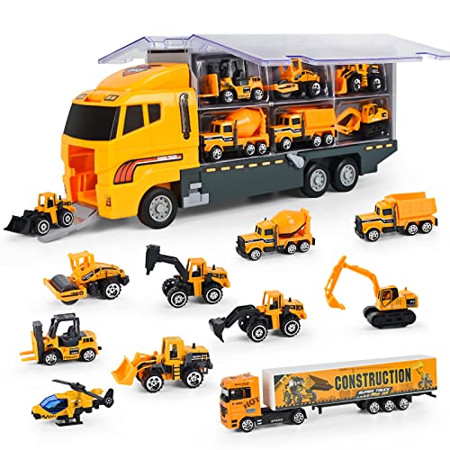 Joyfia 11 in 1 Druckguss Baufahrzeug LKW Autos Spielzeug Set, Bagger Spielzeug Konstruktionsfahrzeuge Autotransporter im Träger-LKW für 3+ Jahre alte Jungen Mädchen Kinder von Joyfia