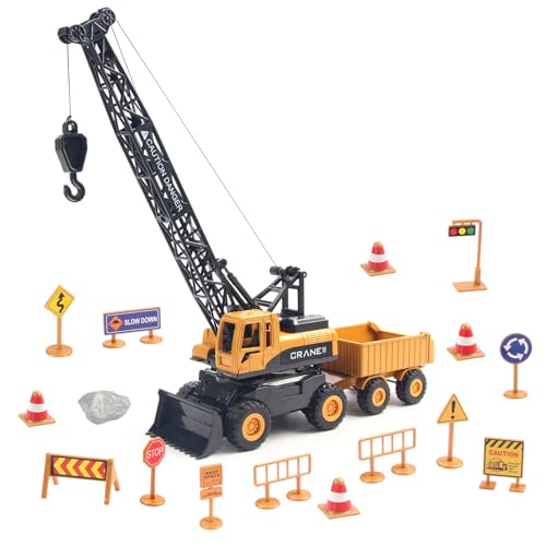Joyfia Kran Spielzeug LKW, Bauwagen-Spielzeugset mit Straßenschildern (15PCS), Outdoor Engineering Fahrzeug für Sand Party Gunst, Geburtstag Geschenk 3-8 Jahre alt Kleinkinder Kinder Jungen von Joyfia