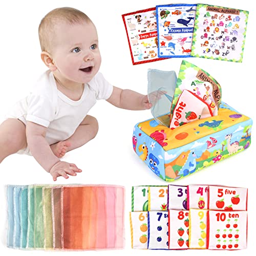 Joyfia Tissue Box Spielzeug, Montessori Spielzeug für Babys 0-12 Monate, weiche hohen Kontrast Crinkle Sensorik Spielzeug, Kleinkinder frühes Lernen Entwicklungsgeschenke für Jungen Mädchen Kinder von Joyfia