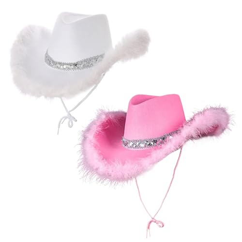 Joygoodta Cowgirl -Hut mit pelziger Kante 2pcs Weitkrempe Cow Girl Hut Single Farb Cowgirl Hüte mit Pailletten und Kinngurt Cowboy für Partykostüm Cosplay von Joygoodta