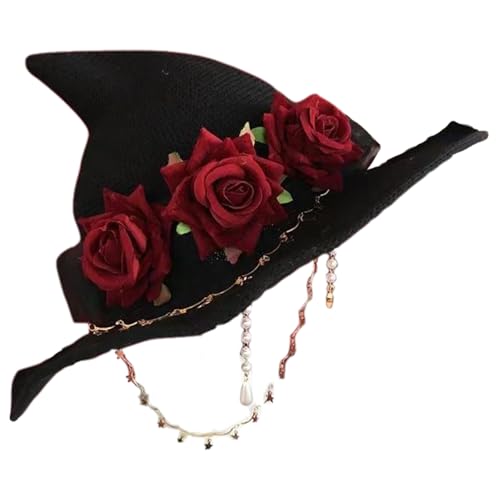 Joygoodta Halloween Hexenhut für Frauen fühlte Zauberer Mütze mit Rose & Chain Mardi Gras Hut Kopfbedeckung für Halloween Cosplay Lolita von Joygoodta
