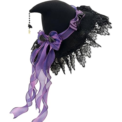 Joygoodta Lila Hexenhut Lolita Girl Wizard Hut mit Spitzenverkleidung und Band für Frauen Halloween Cosplay Party Accessoire Hexe von Joygoodta