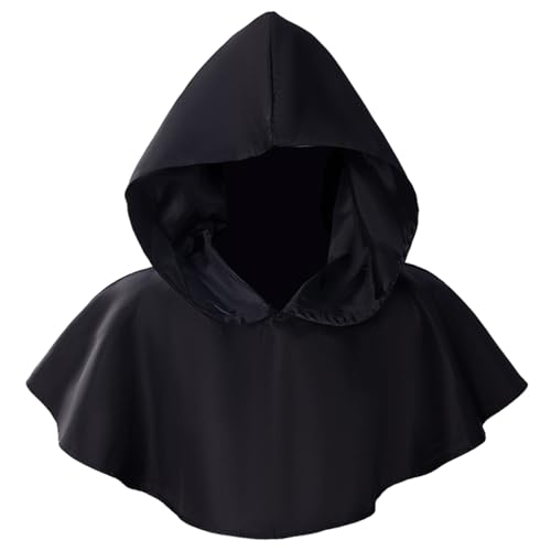 Joygoodta Schwarze Kapuze, kurzer mittelalterlicher Umhang mit Kapuze, atmungsaktivem schwarzem Umhang für Männer Frauen Cosplay -Kostüme von Joygoodta