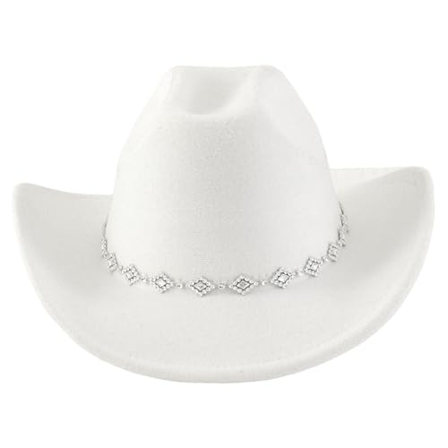 Joygoodta Weißer Cowgirl Hut für Frauen Weitkrempel Strass Westhut Sonnenschutz Boho Frauen Cowboy -Kappe für themenbezogene Party Reise täglich Nutzungsfoto von Joygoodta