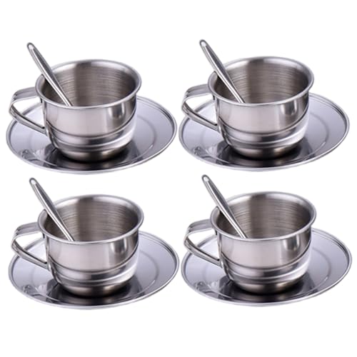 Kinder Tee-Set hitzebeständige Edelstahl-Stahl-Play-Kinder-Tee-Set mit 4 70 ml Tasse, 4 Untertasse und Löffel für Mädchen und Jungen von Joygoodta