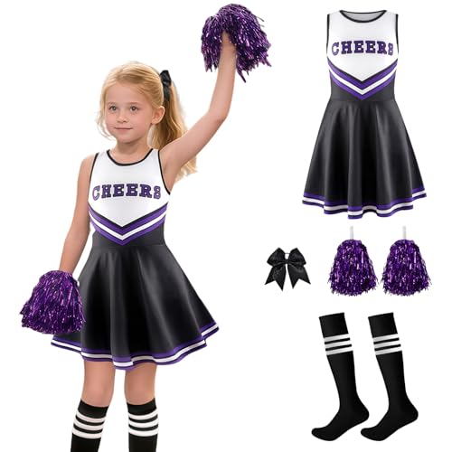 JoyinTcos Cheerleader-Outfit, 4-teiliges Cheerleader-Kostüm für Kinder, mit Pompons und Socken, Kopfbedeckung, Cheer-Kostüm, Karneval, Halloween, Verkleidung JoyinTcos Cheerleader-Outfit, 4-teiliges Cheerleader-Kostüm für Kinder, mit Pompons und Socken, Kopfbedeckung, Cheer-Kostüm, Karneval, Halloween, Verkleidung von JoyinTcos