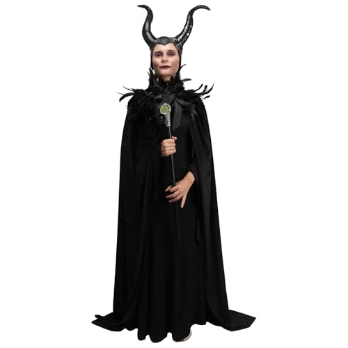 JoyinTcos Malficent Kleid Malficent Umhang Hörner Teufelsumhang Damen Halloween Kostüm Zubehör Mädchen Karneval Fasching Hexe Zubehör Halloween von JoyinTcos
