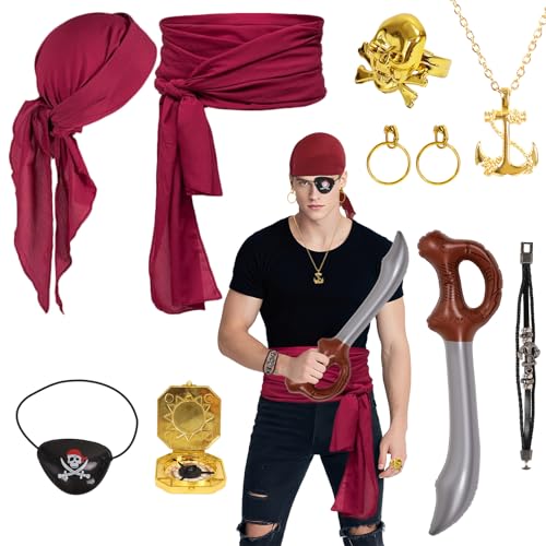 Piratenkostüm-Zubehör-Set, Stirnband, Gürtel, Kompass, Halskette, Armband, Ohrringe, Ring, Augenklappe, Piratenmesser, aufblasbares Messer für Halloween, Karibik-Kostüm, Party, Cosplay, für Jungen und von JoyinTcos